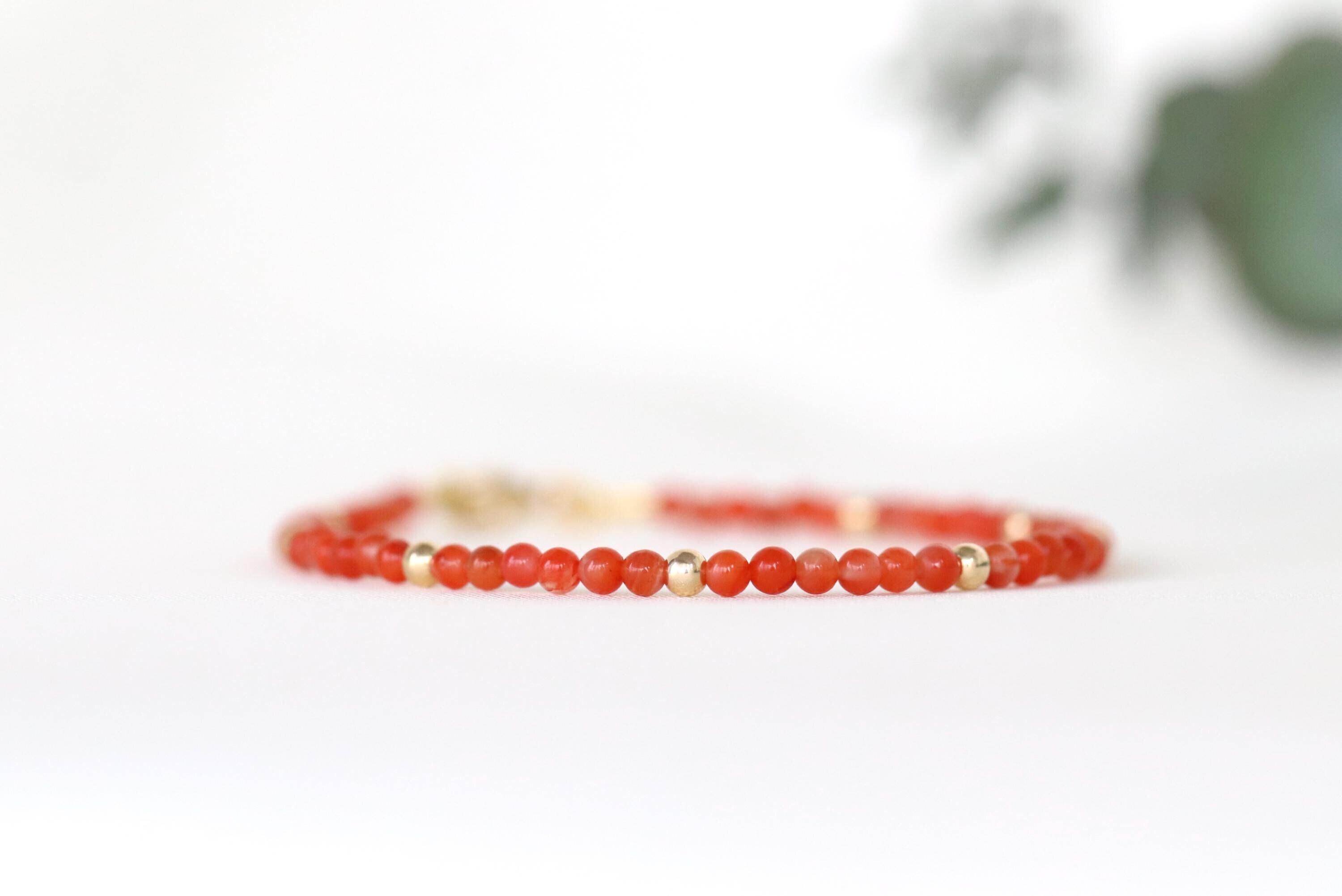 Carnelian Crystal Bracelet With 14k Gold Filled Beads, Red Crystal Bracelet, Genuine Carnelian Jewelry, 2mm Bead Orange Gemstone Bracelet