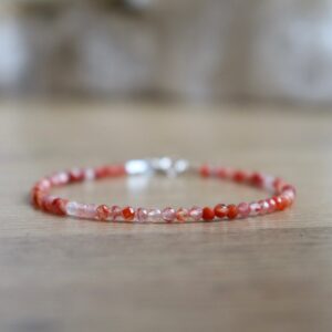 Carnelian Crystal Bracelet - Bracelet Femme, Genuine Raw Carnelian Jewelry, 2mm Bead Bracelet, Orange Gemstone Bracelet, Sterling Silver