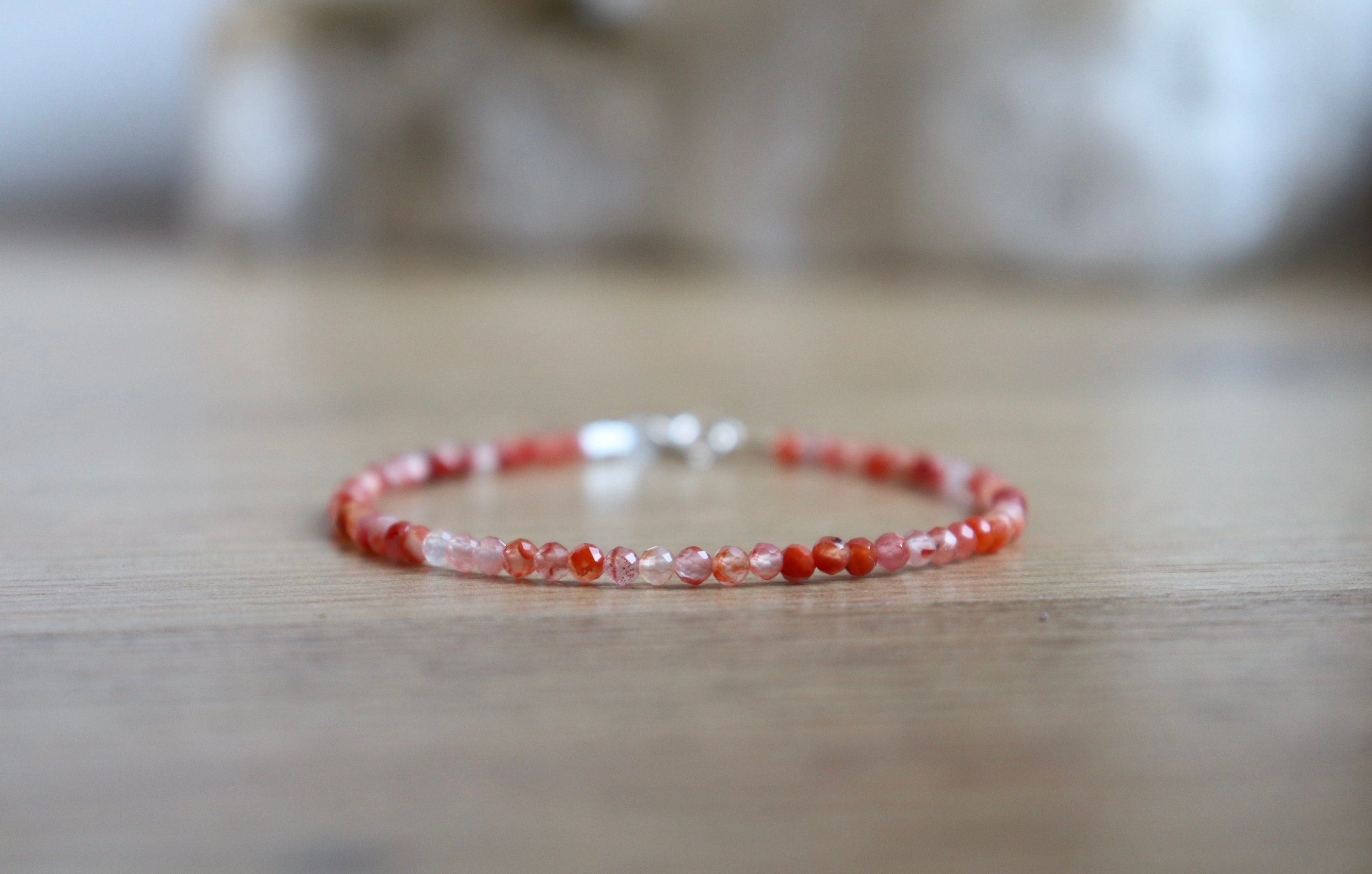 Carnelian Crystal Bracelet - Bracelet Femme, Genuine Raw Carnelian Jewelry, 2mm Bead Bracelet, Orange Gemstone Bracelet, Sterling Silver