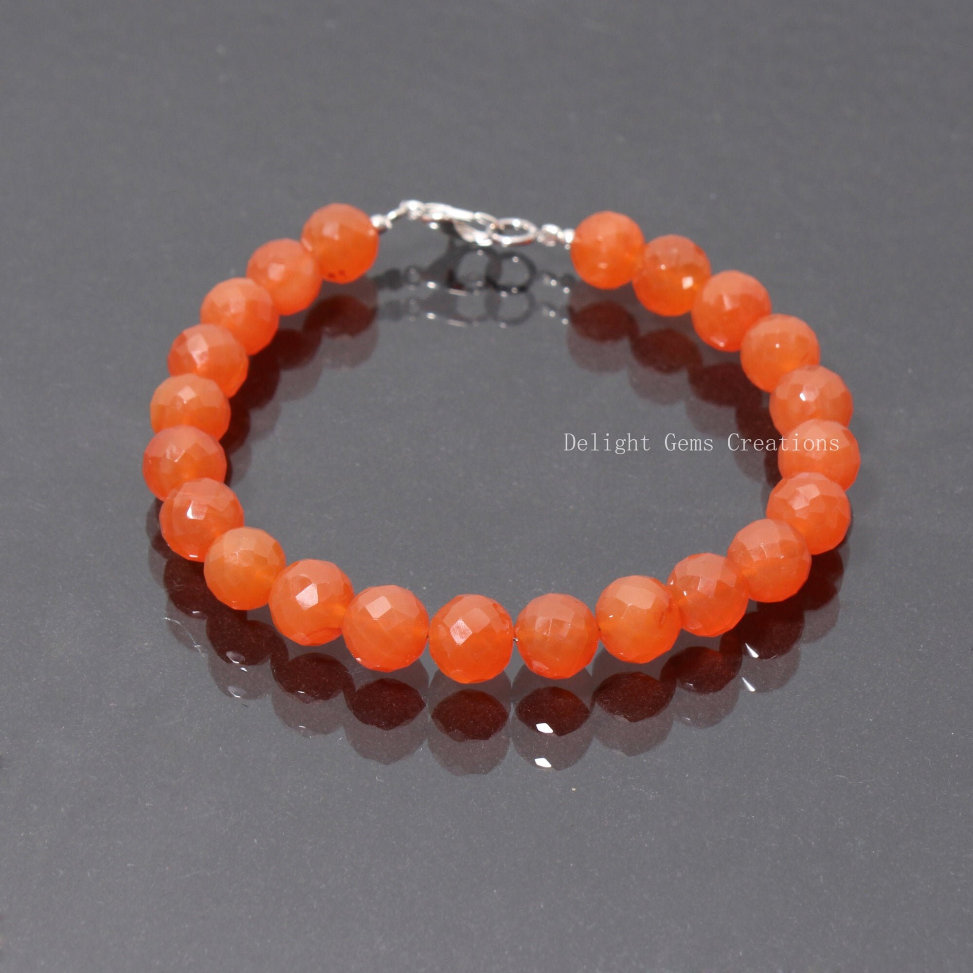 Faceted Carnelian Beaded Bracelet, 9mm Gemstone Round Beads