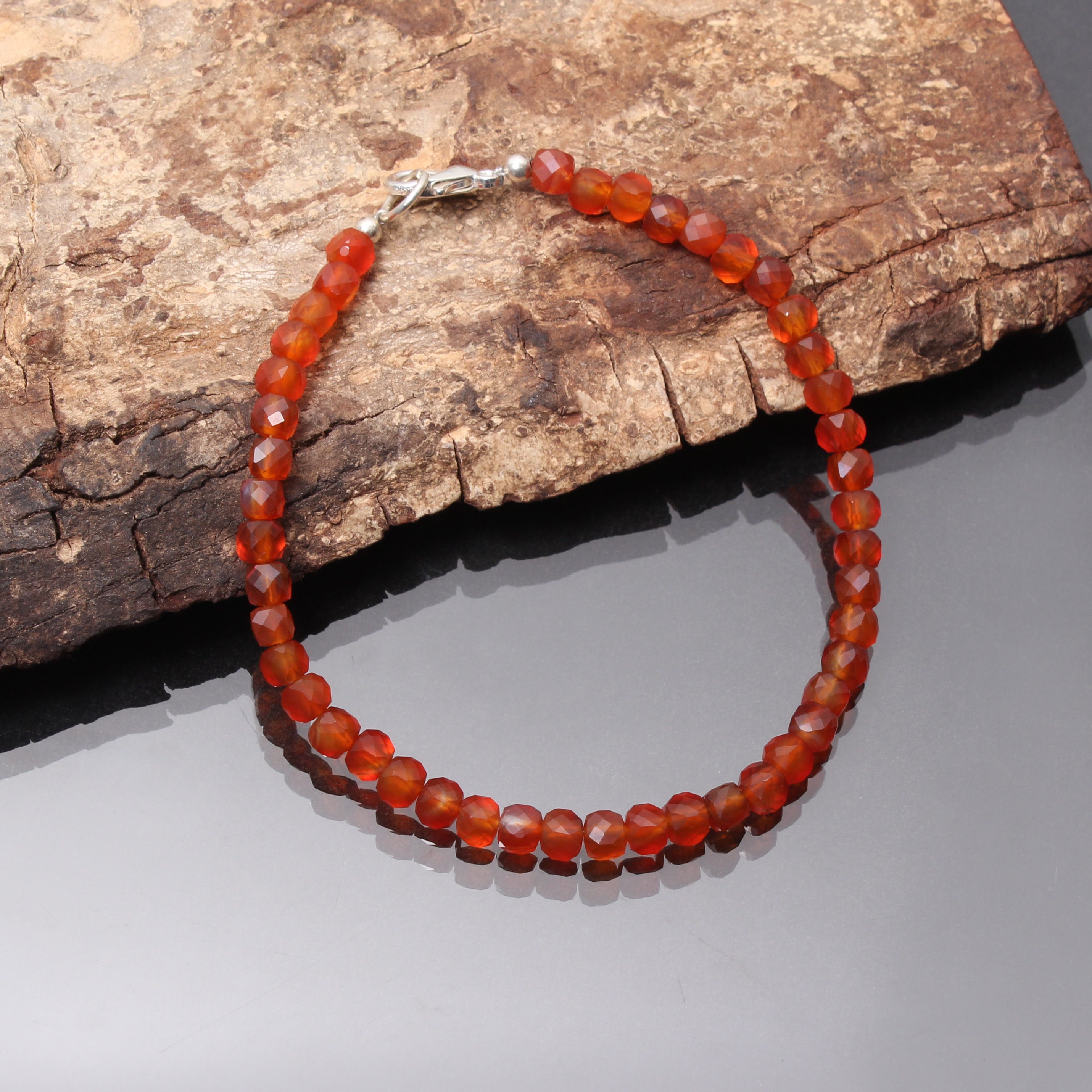 Faceted Carnelian Bracelet, Gemstone Cube Beads, 8 Inch