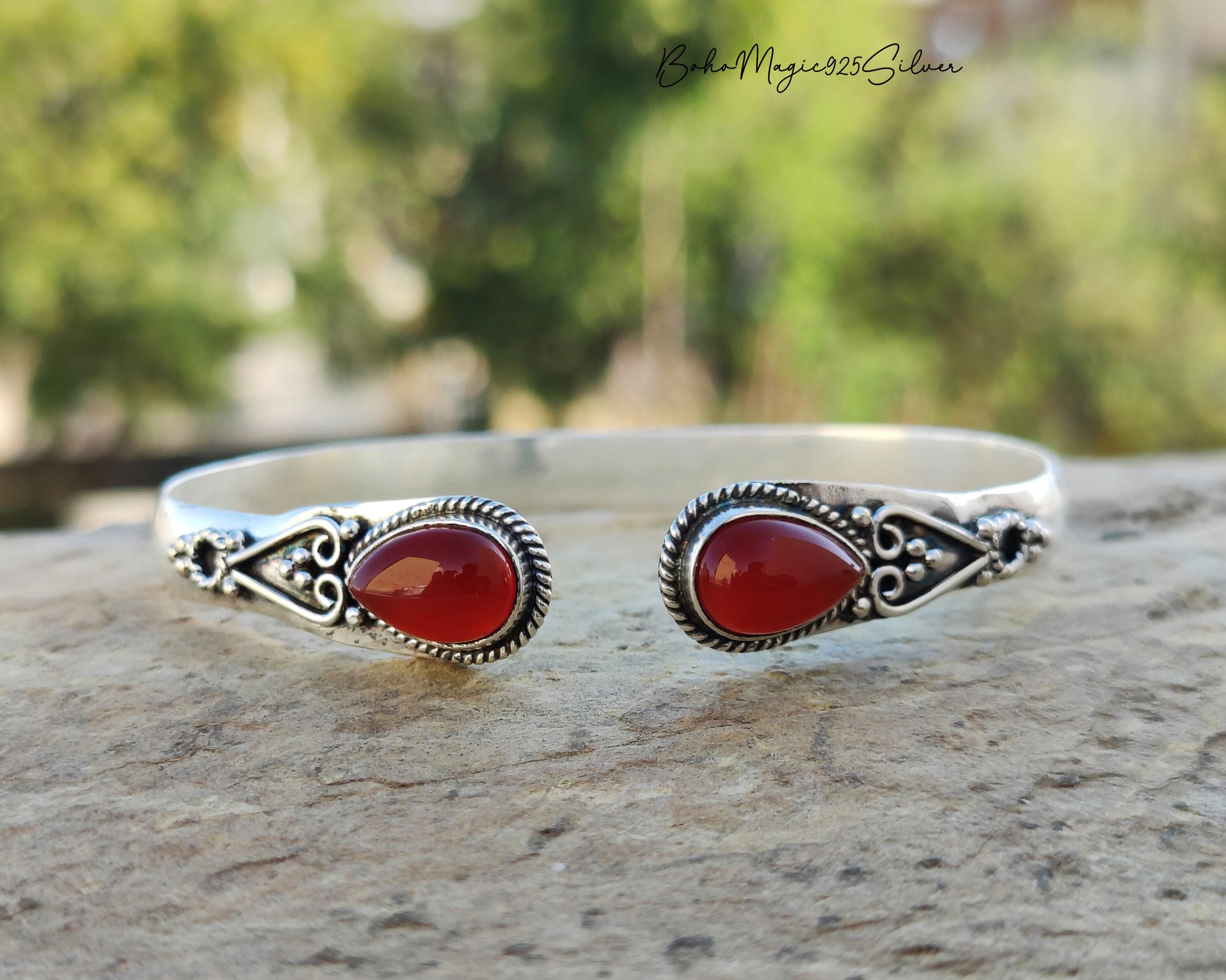 Handmade Carnelian Bangle: 925 Sterling Silver Boho Cuff