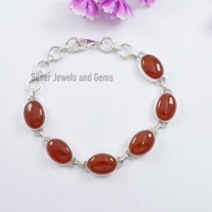 Handmade Oval Carnelian Bracelet, 925 Sterling Silver Red Gemstone Bracelet