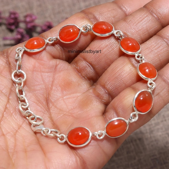 Handmade Carnelian Bracelet: Oval Gemstone, 925 Sterling Silver