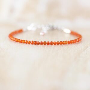 Carnelian Bracelet In Sterling Silver, Gold Or Rose Gold Filled, Dainty Orange Gemstone, Tiny Beaded Stacking Bracelet, 2 Mm Faceted Beads
