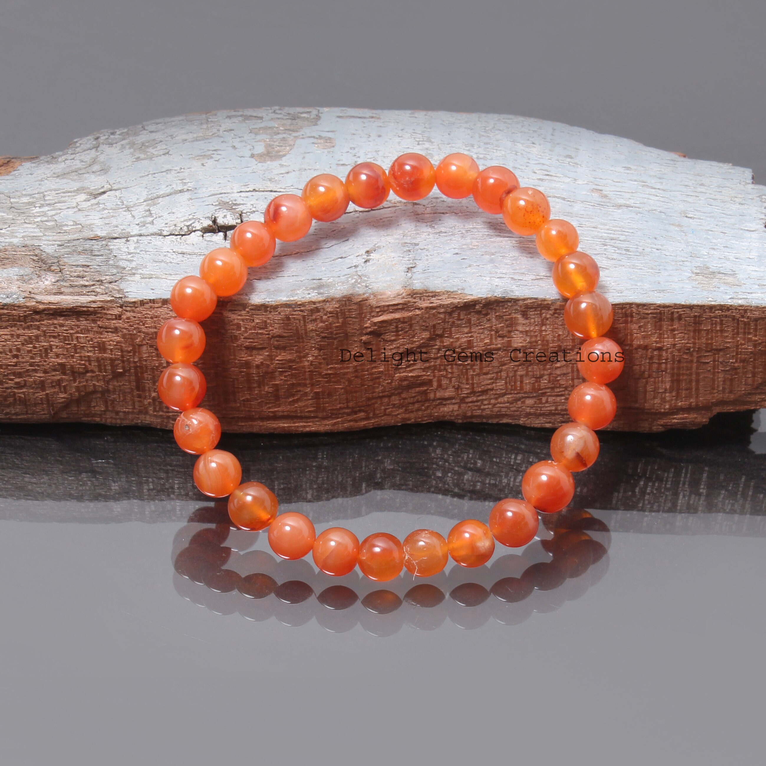 Orange Carnelian Bead Bracelet, Smooth Round Gemstone Jewelry