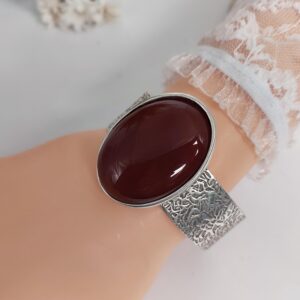 Red Carnelian Cuff Bracelet: Antique Silver Gemstone Bangle, Adjustable