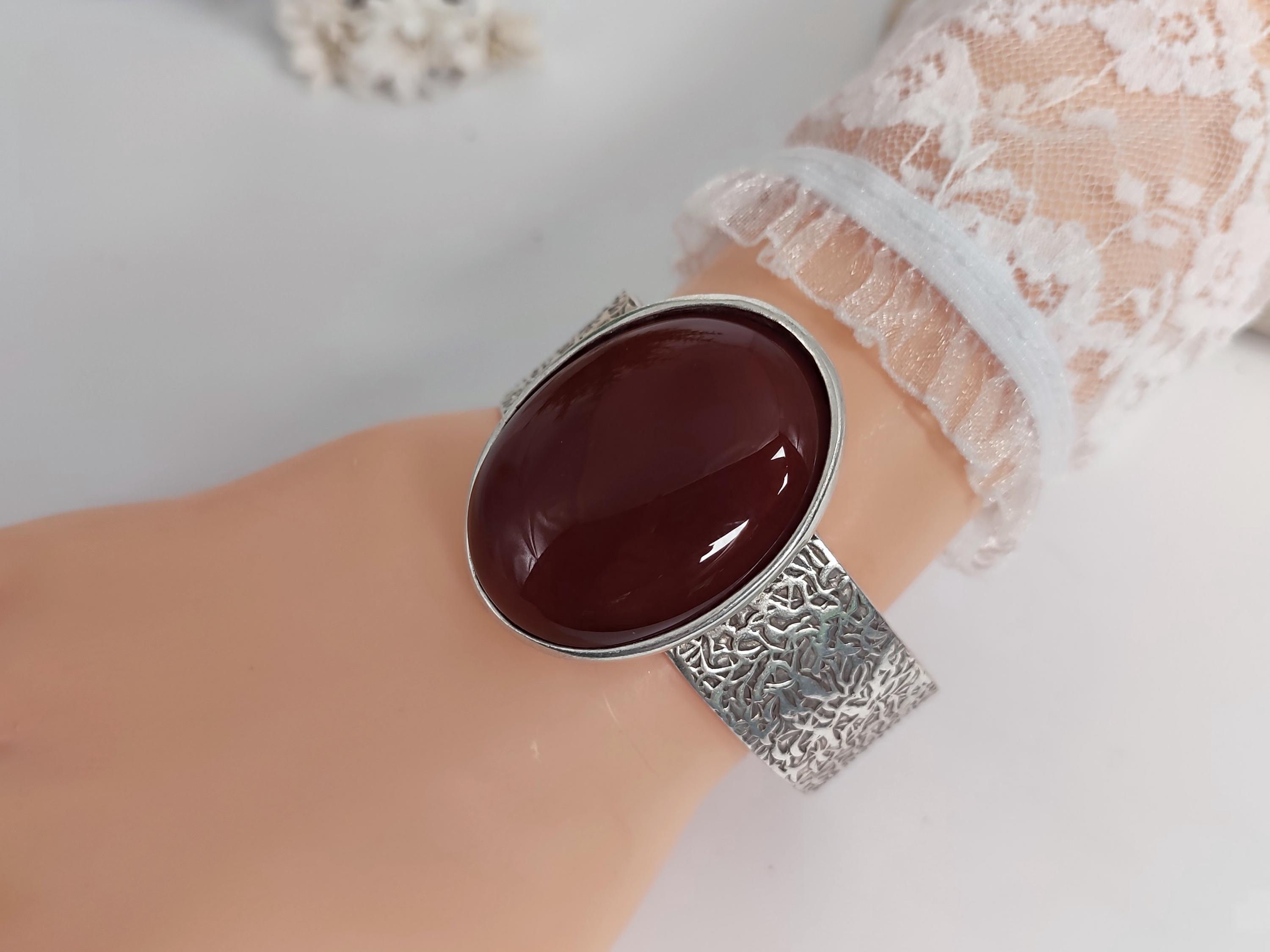 Red Carnelian Cuff Bracelet: Antique Silver Gemstone Bangle, Adjustable