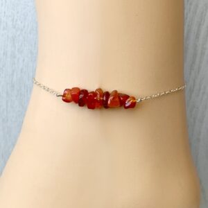 Red Gemstone Ankle Bracelet Sterling Silver Carnelian Jewelry, Carnelian Crystal Anklet, Red Stone Beaded Bracelet, Birthday Gift For Mom