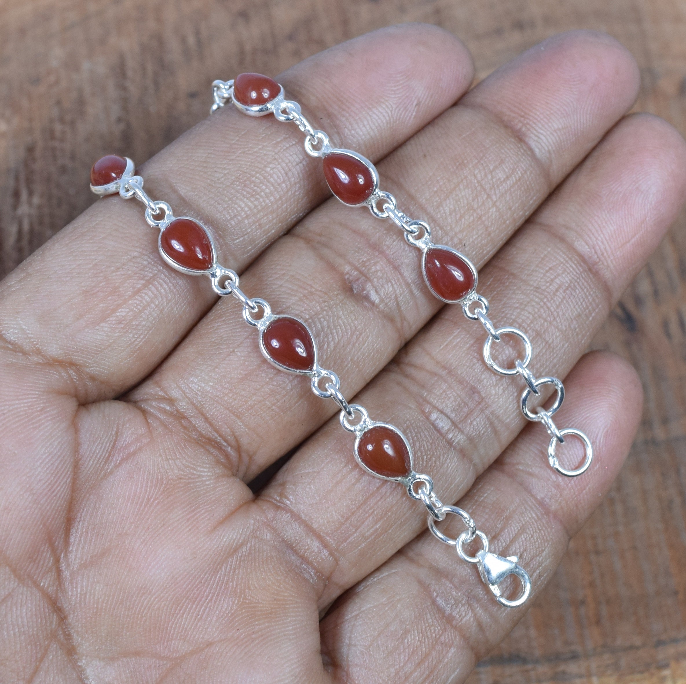 Red Carnelian Sterling Silver Bracelet: Pear Stone Adjustable Jewelry