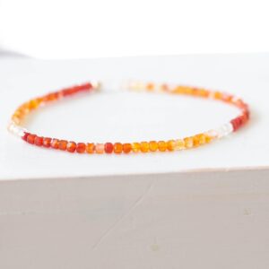 Shaded Carnelian Cube Stretch Bracelet: Beaded Red Orange Gemstone Ombre Jewelry