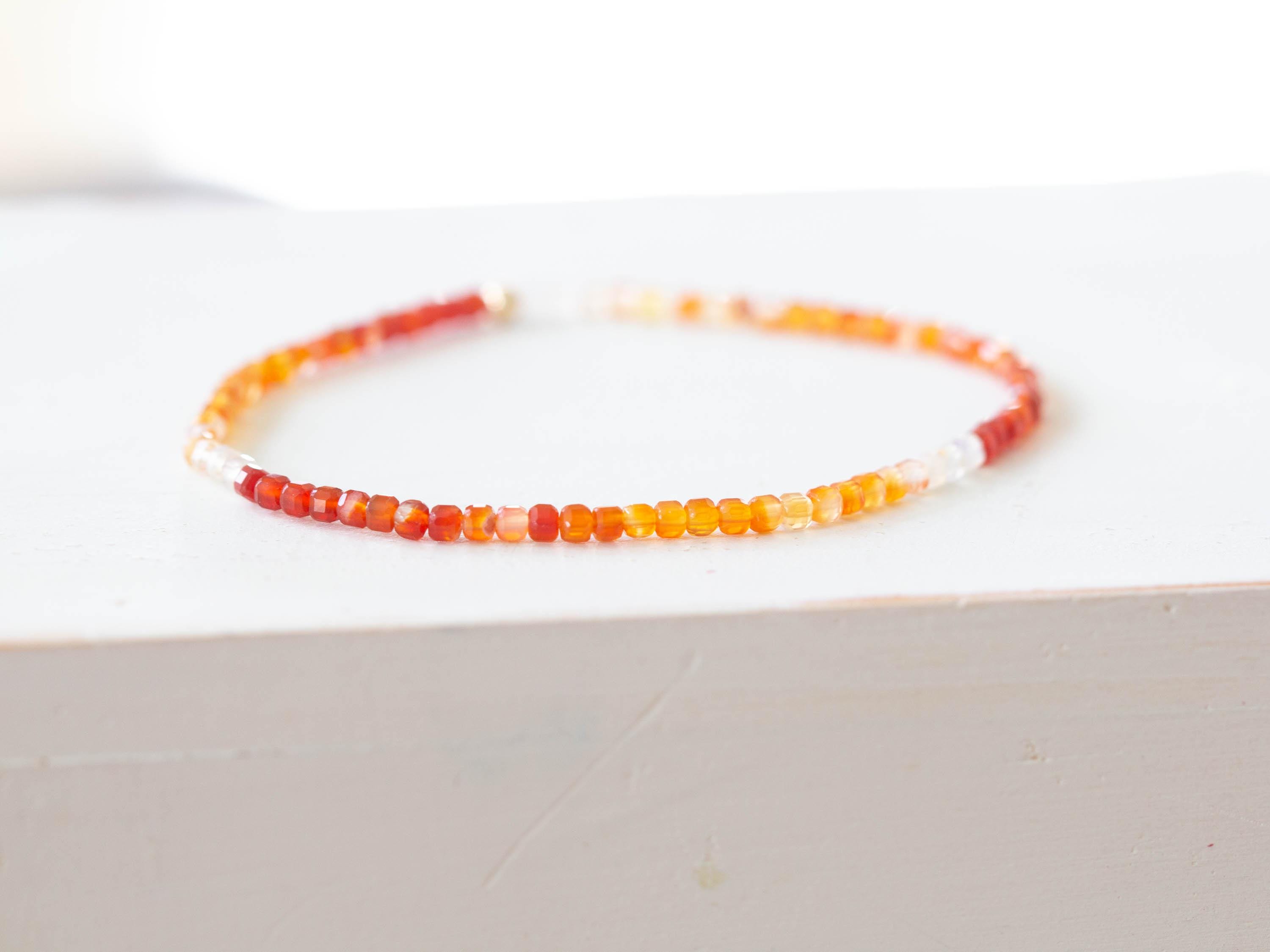 Shaded Carnelian Cube Stretch Bracelet: Beaded Red Orange Gemstone Ombre Jewelry