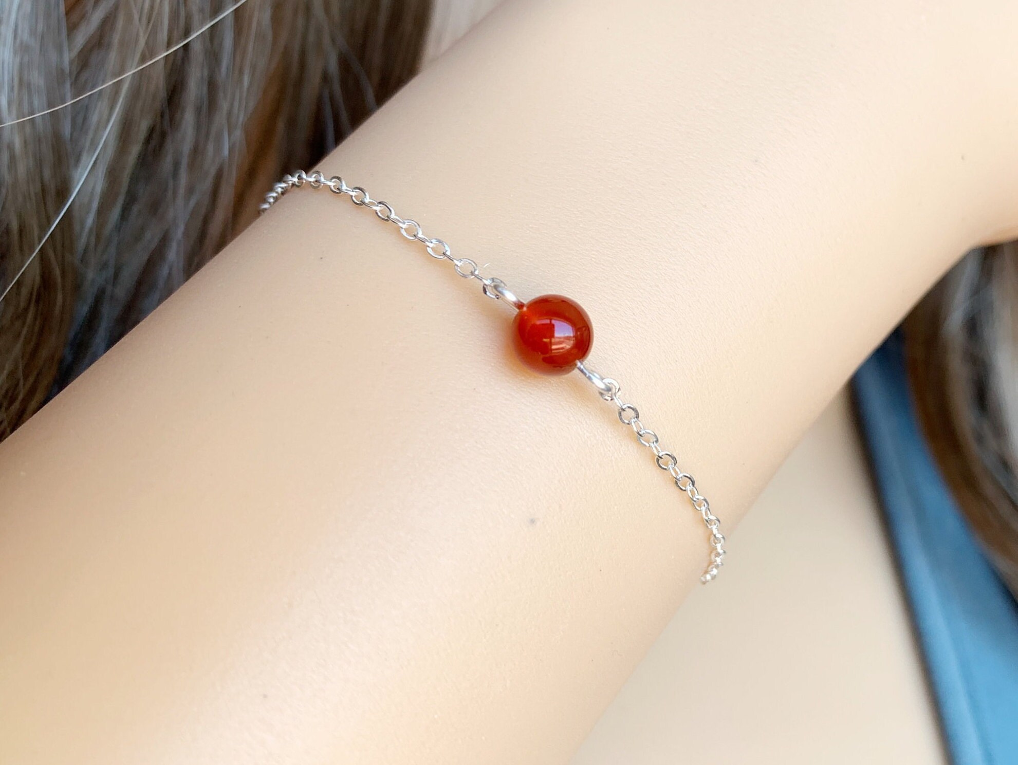 Small Carnelian Bracelet For Women, Red Crystal Stacking Bracelet Gold, Silver Orange Carnelian Stone Bracelet Closeout July Birthstone Gift