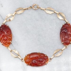 Vintage 14K Gold Carved Carnelian Flower Bracelet, 7 Inch