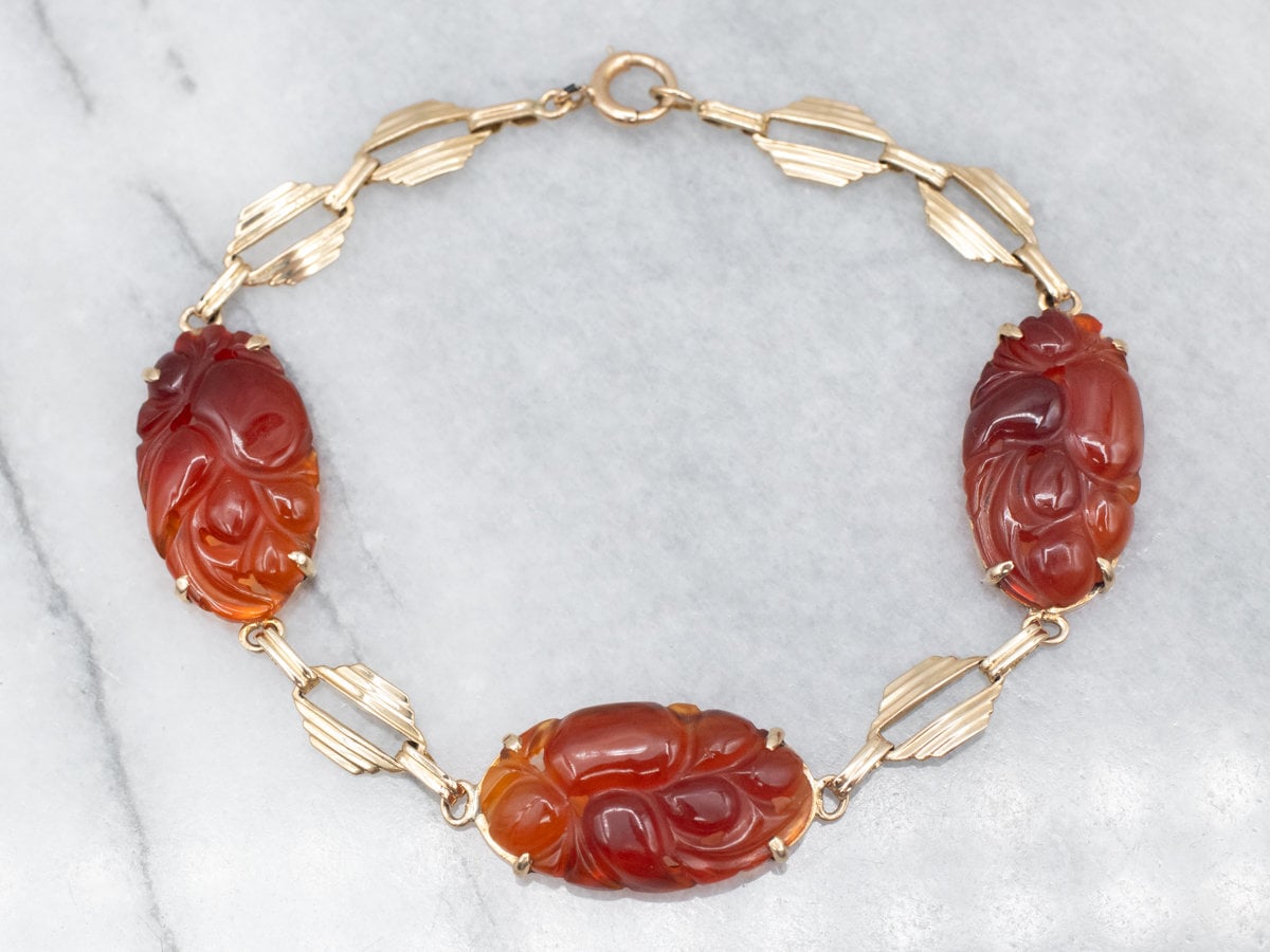 Vintage 14k Gold Carved Carnelian Flower Bracelet, 7 Inch