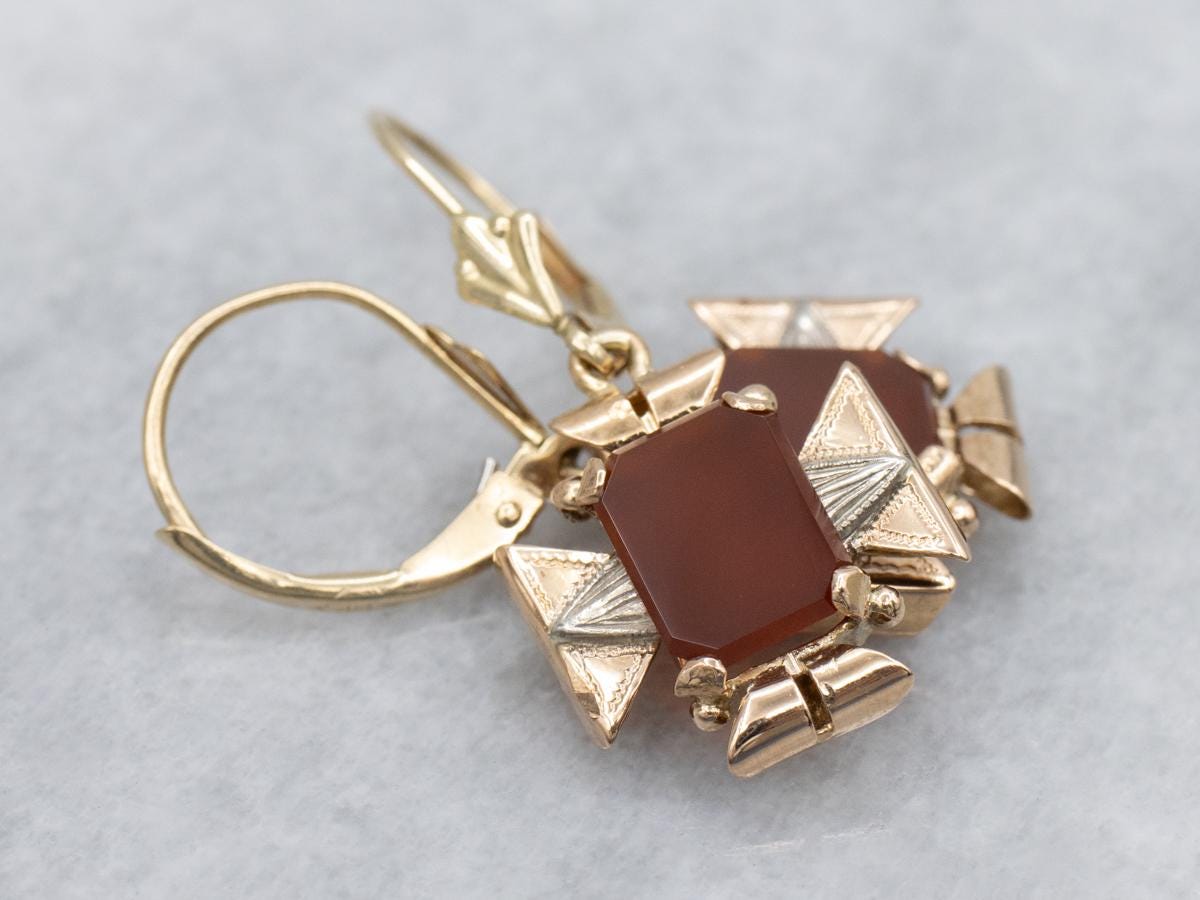 Carnelian And Gold Drop Earrings Crafted From Vintage Components