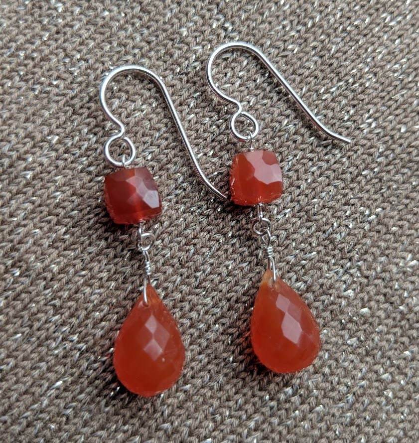Carnelian Briolette Dangle Earrings 925 Sterling Silver, Orange Earrings, Briolette Earrings, Gemstone Earrings, Handmade By Ashanti