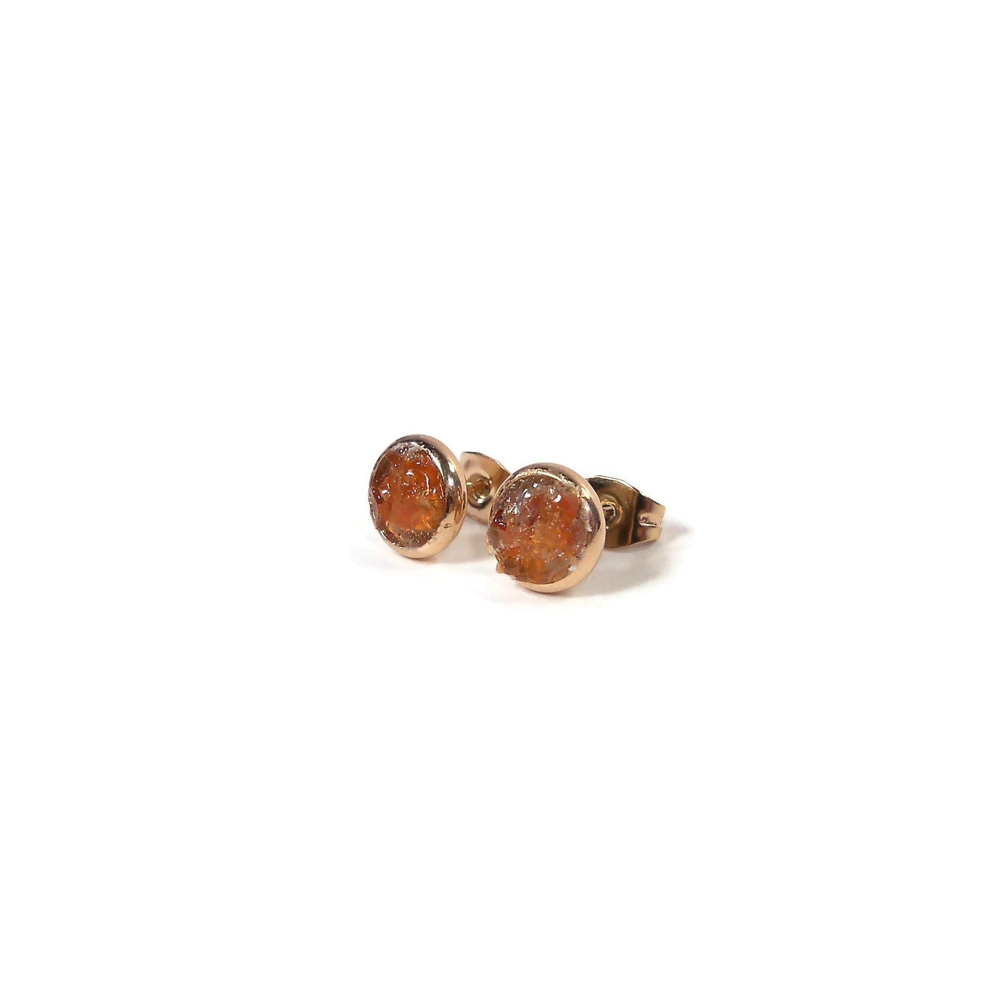 Crushed Orange Carnelian Stone Rose Gold Plated Stainless Steel Stud Earrings 2 Sizes!