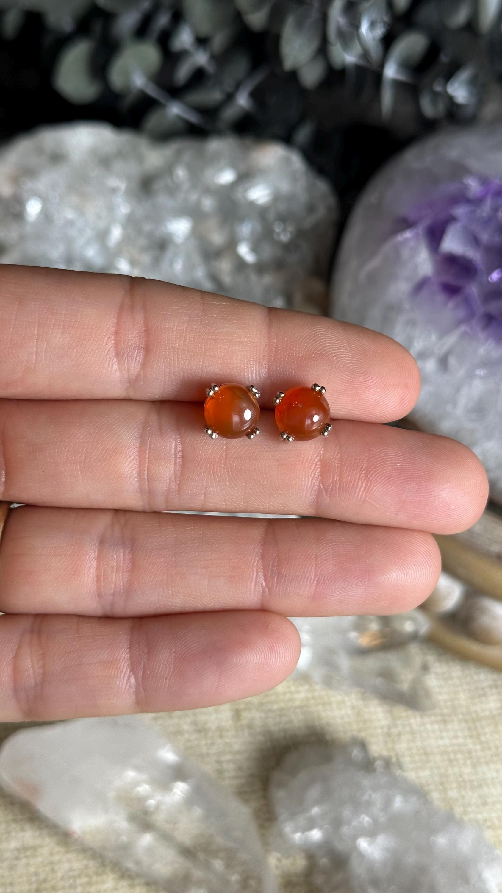 Carnelian Crystal Stud Earrings, .925 Silver, Sterling Post Earring,