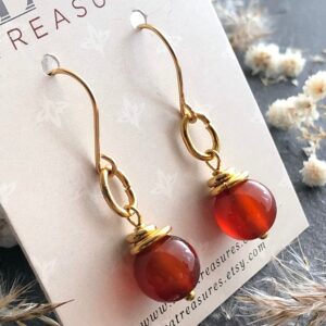 Carnelian Dangle Earrings, Orange Red Stone, Gold Plated 6659
