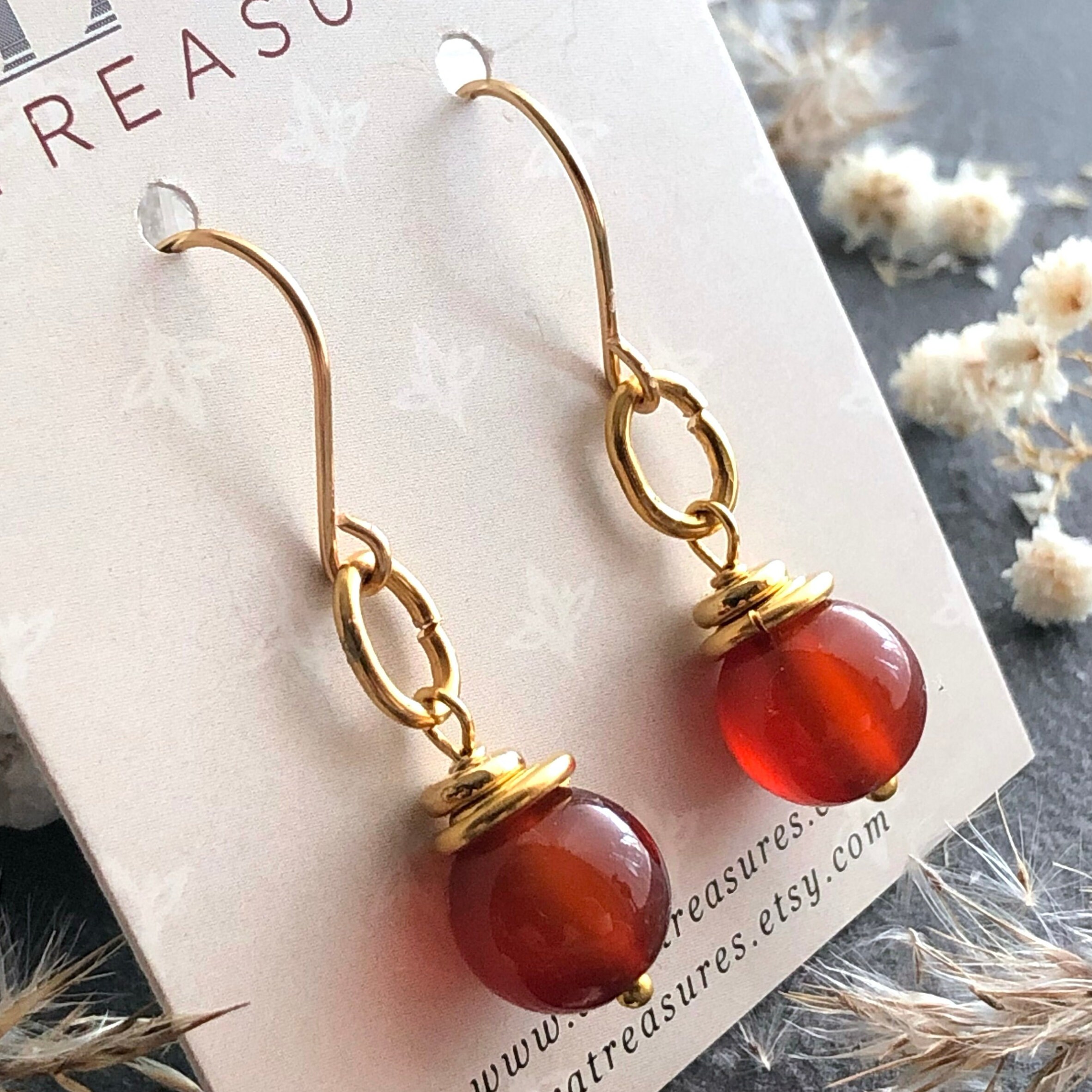 Carnelian Dangle Earrings, Orange Red Stone, Gold Plated 6659