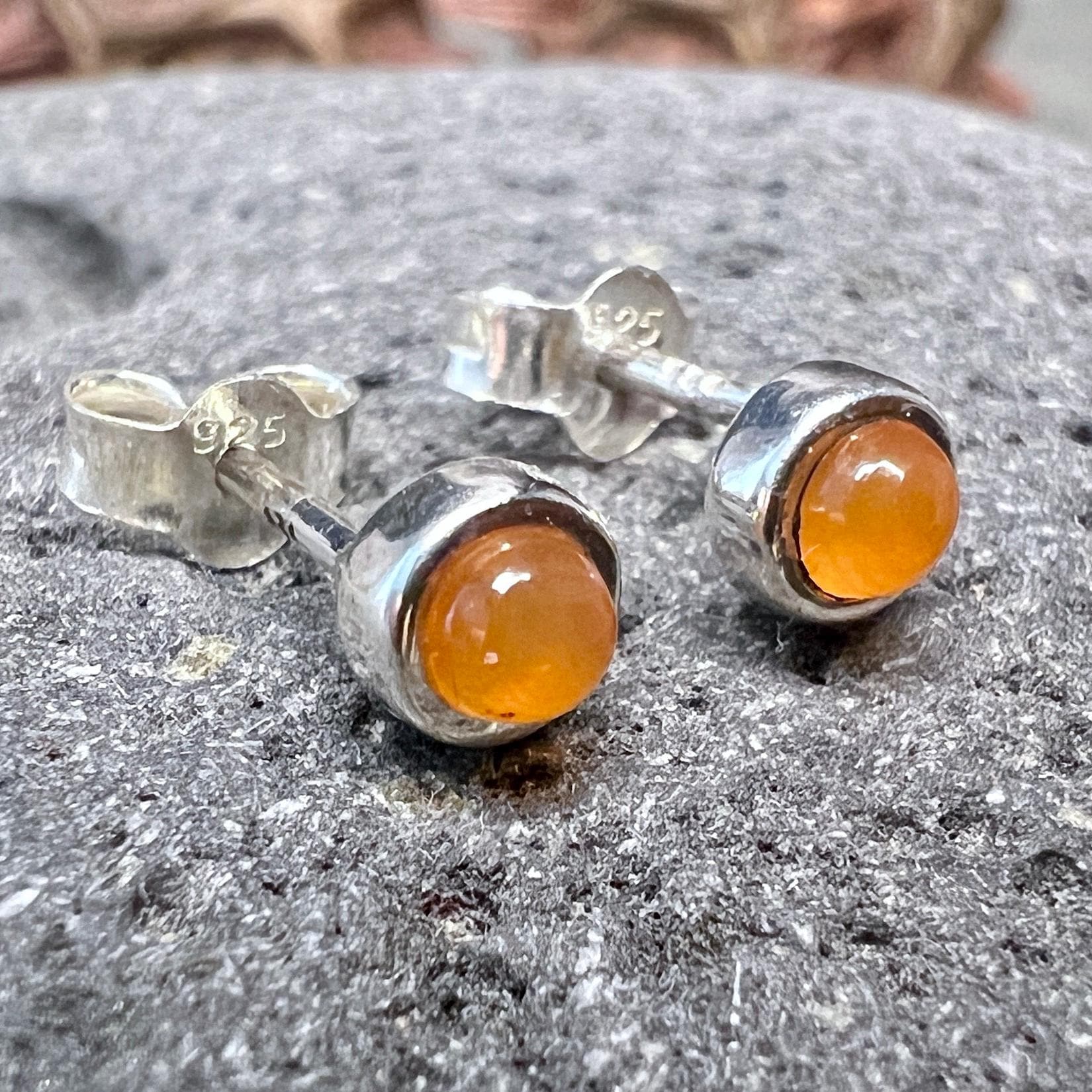 Carnelian Ear Studs 4mm Tiny Orange Earrings, Delicate Ear Jewelry With Solid Sterling Silver
