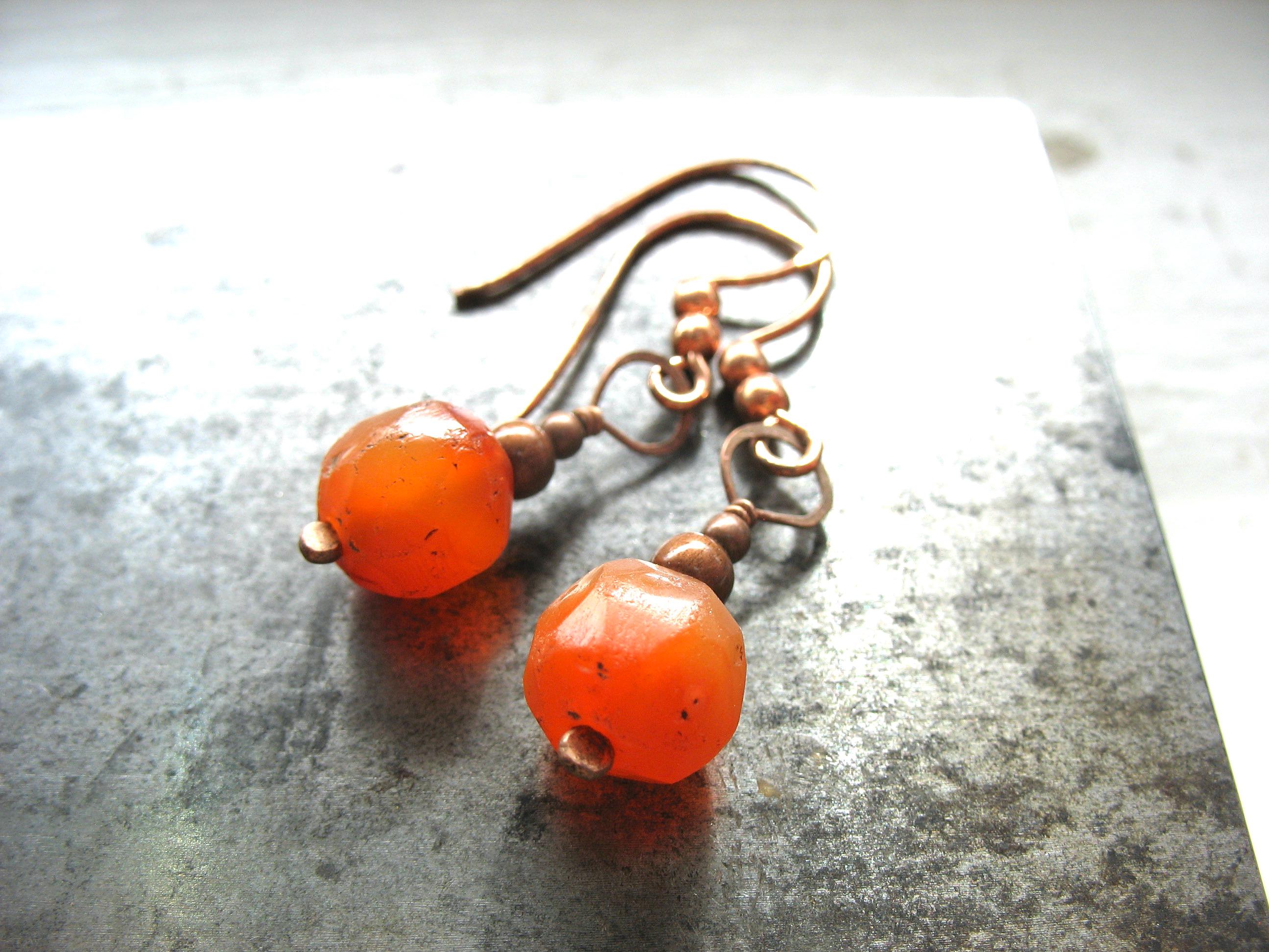 Faceted Carnelian Gemstone Copper Earrings Jewelry Handmade In Usa