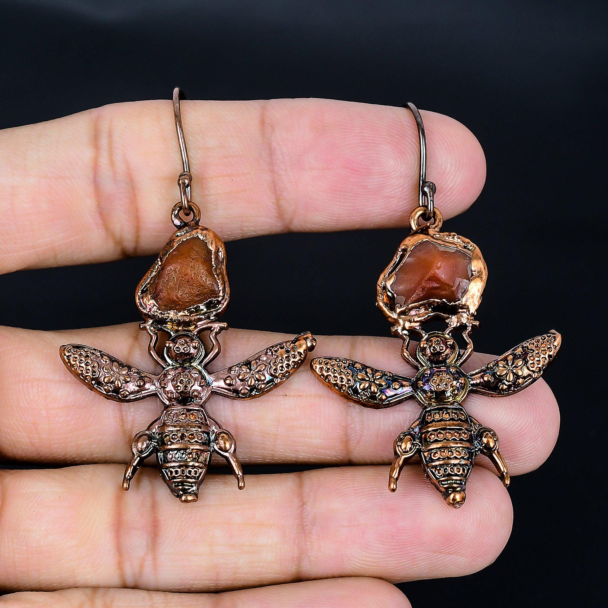 Handmade Carnelian & Copper Honey Bee Earrings