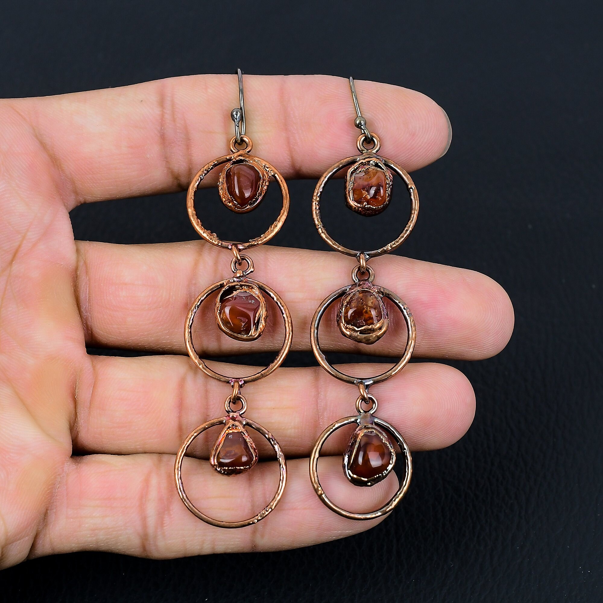 Handmade Electroformed Copper Carnelian Earrings: Designer Gemstone Jewelry