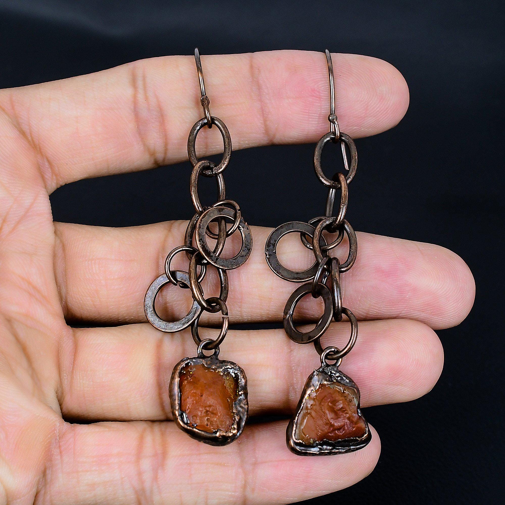 Handmade Carnelian Earrings, Electroformed Copper Jewelry