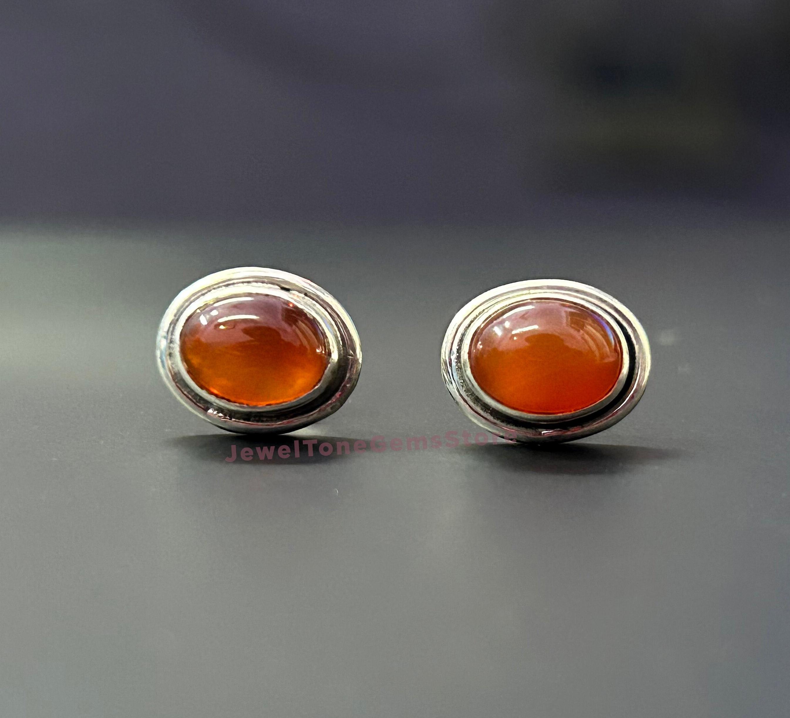 Handmade Oval Carnelian Stud Earrings: 925 Sterling Silver