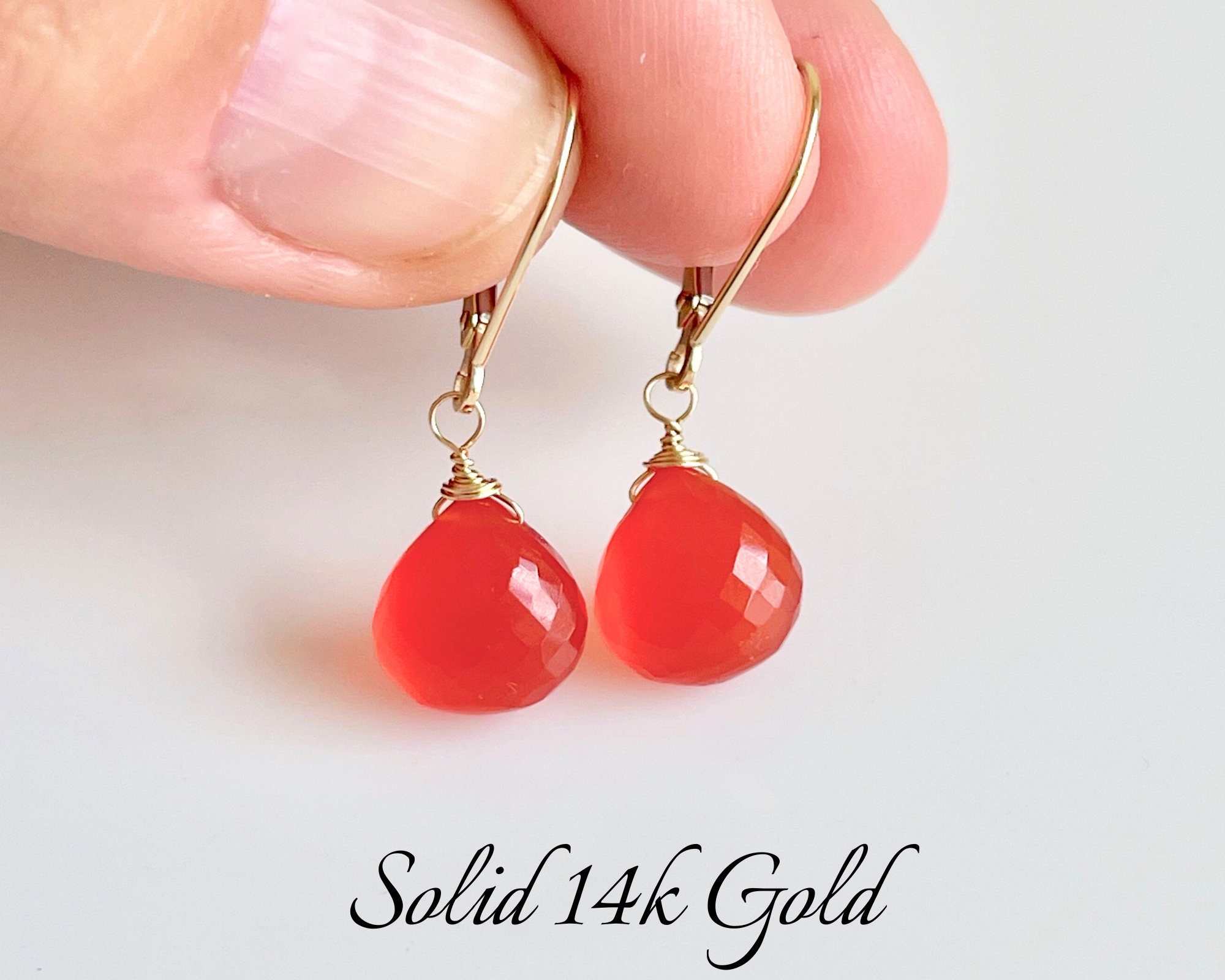 Carnelian Earrings, July Birthstone, Solid 14k Gold Jewelry, Simple Orange Teardrop Gold Earrings, Elegant Gift For Her, Mother's Day Gift