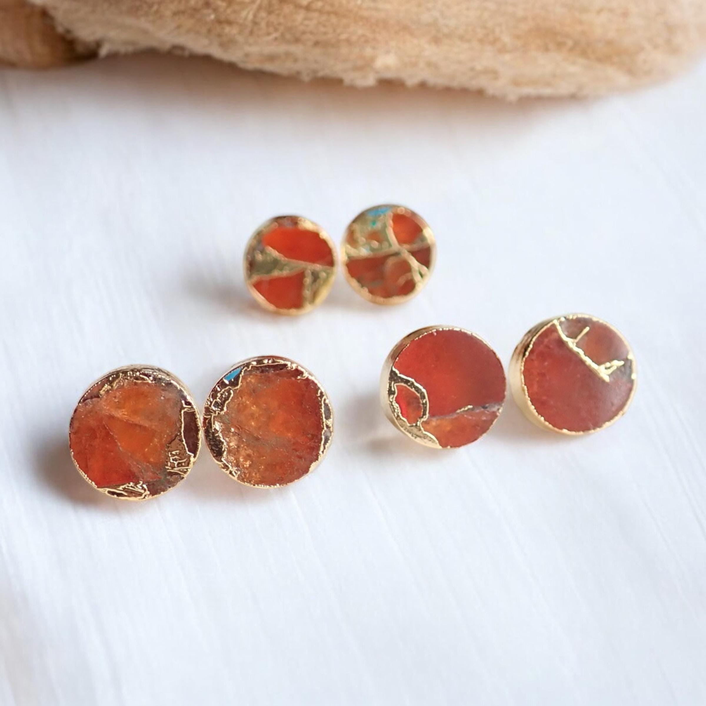Mojave Carnelian Stud Earrings, Orange Mojave Turquoise Style Studs, Round Gemstone Post Earrings,boho Crystal Earrings,jewelry Gift For Her