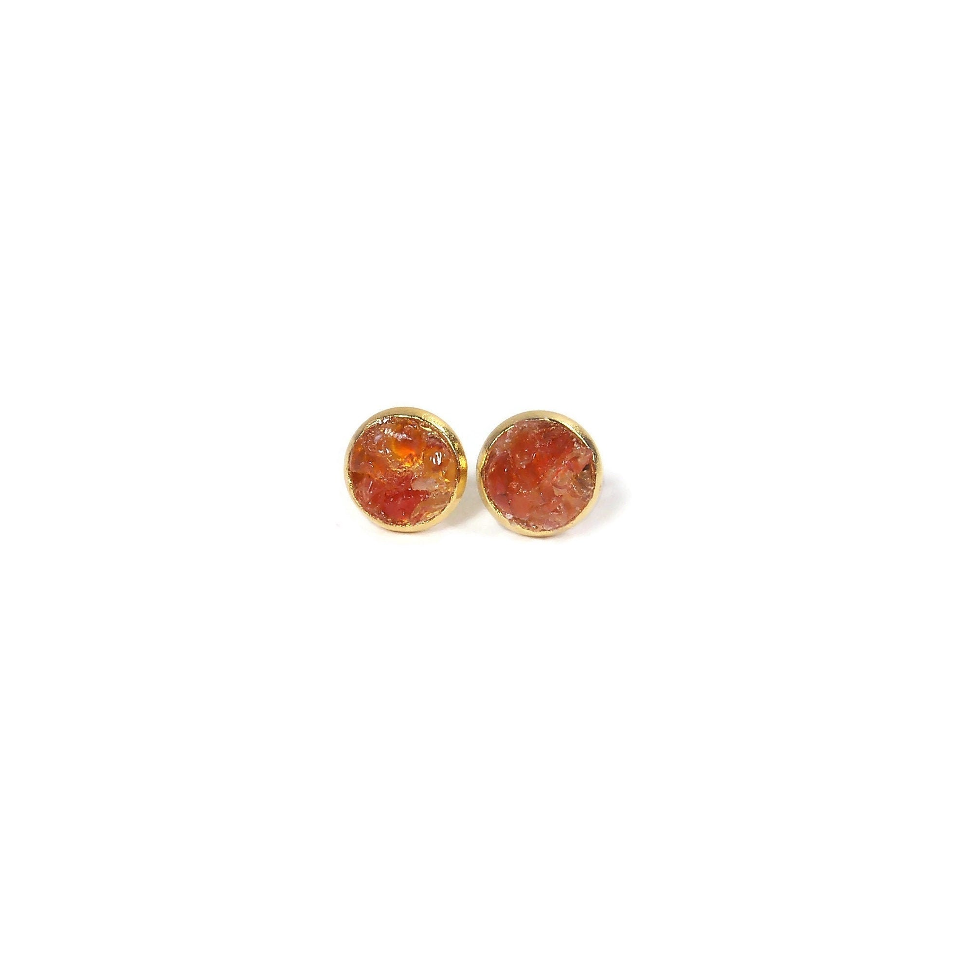 Orange Carnelian 8mm Crushed Stone Gold Plated Stainless Steel Stud Earrings Orange Carnelian 8mm Crushed Stone Gold Plated Stainless Steel Stud Earrings