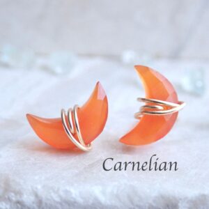 Orange Carnelian Gemstone Earrings, Crescent Moon Stud Earrings, Wire Wrap Crystal Gemstone Post, Celestial Jewelry, Carnelian Jewelry