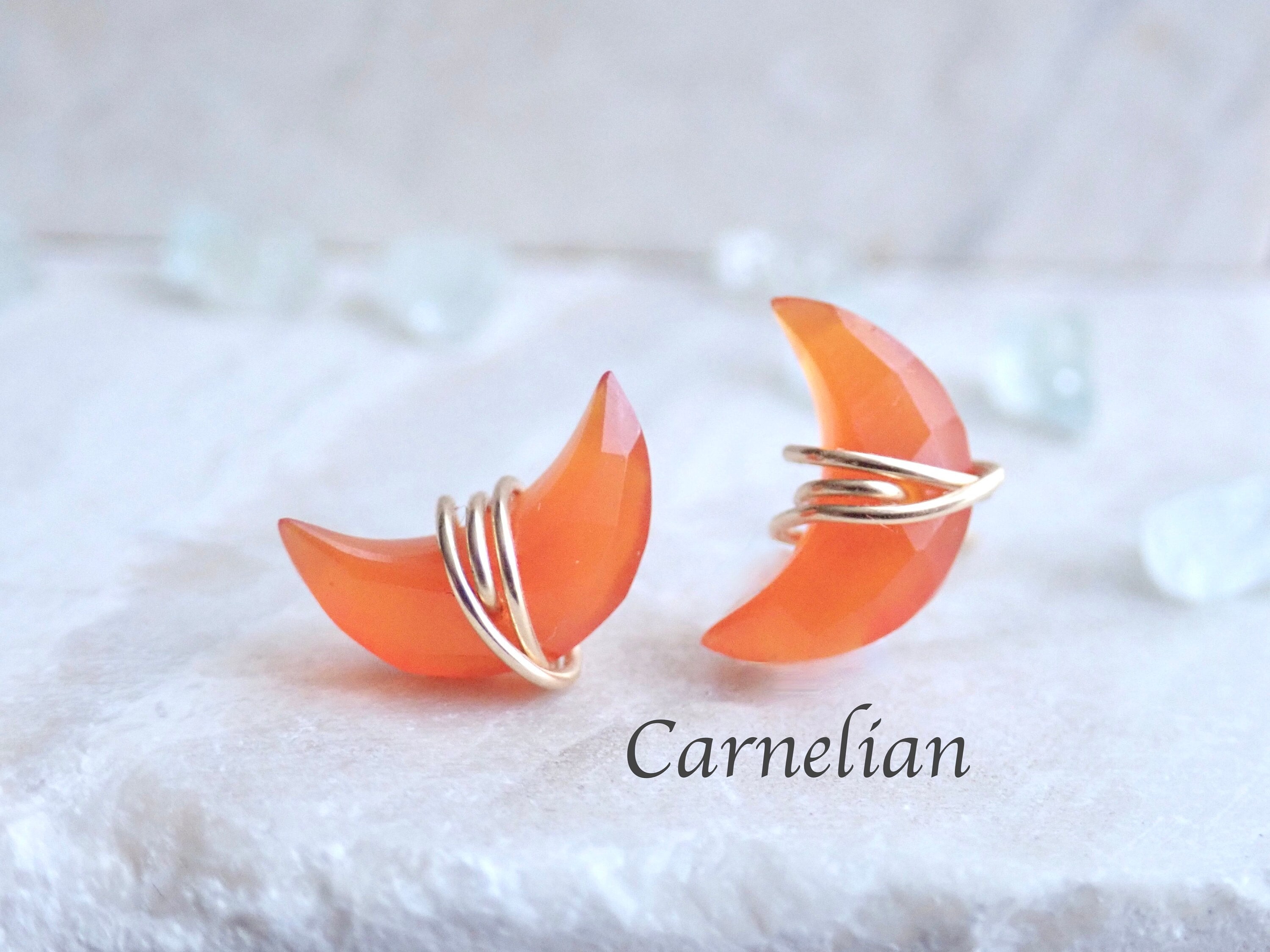 Orange Carnelian Gemstone Earrings, Crescent Moon Stud Earrings, Wire Wrap Crystal Gemstone Post, Celestial Jewelry, Carnelian Jewelry