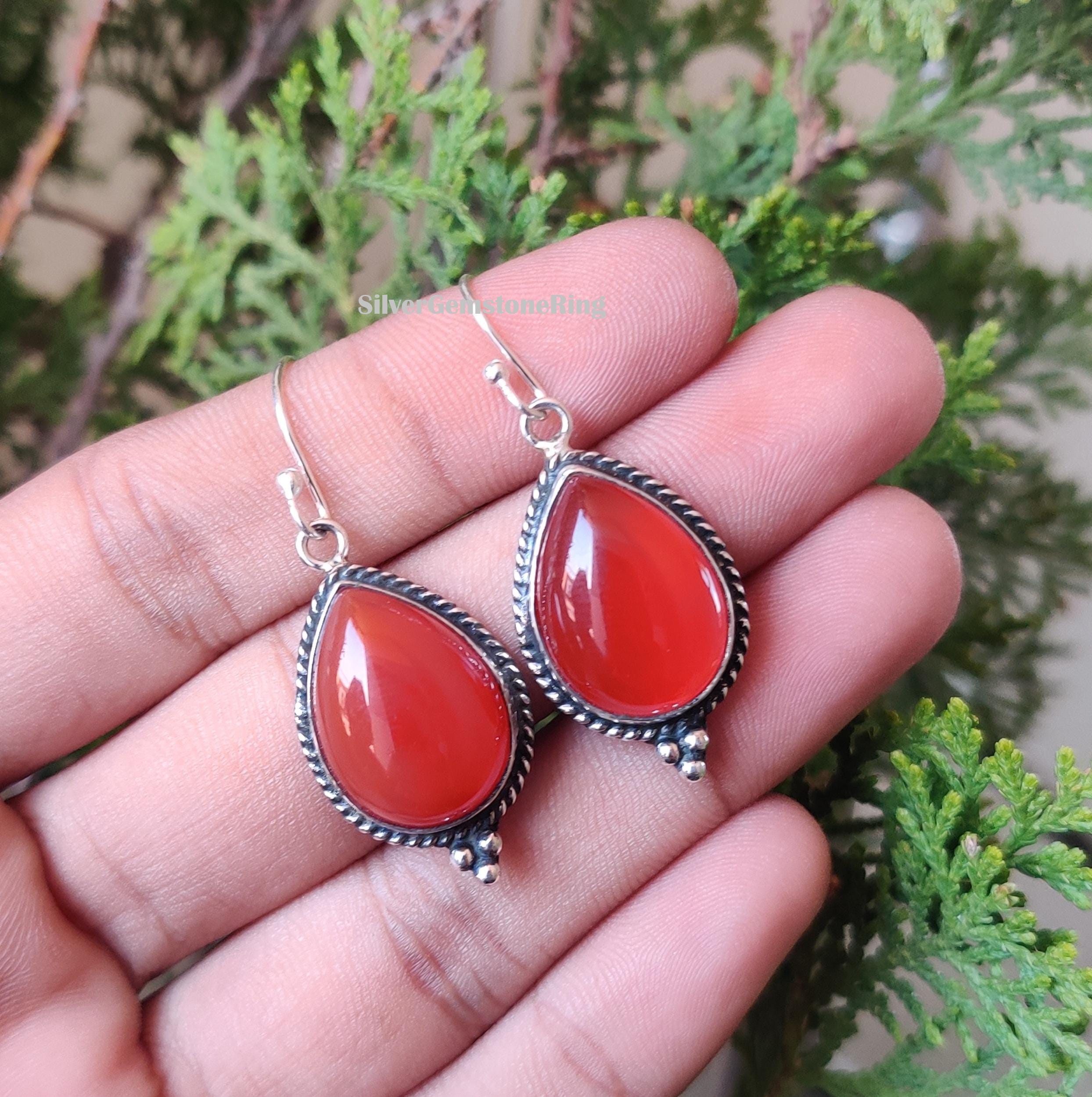 925 Sterling Silver Carnelian Earrings: Teardrop Boho August Birthstone Gift For Love