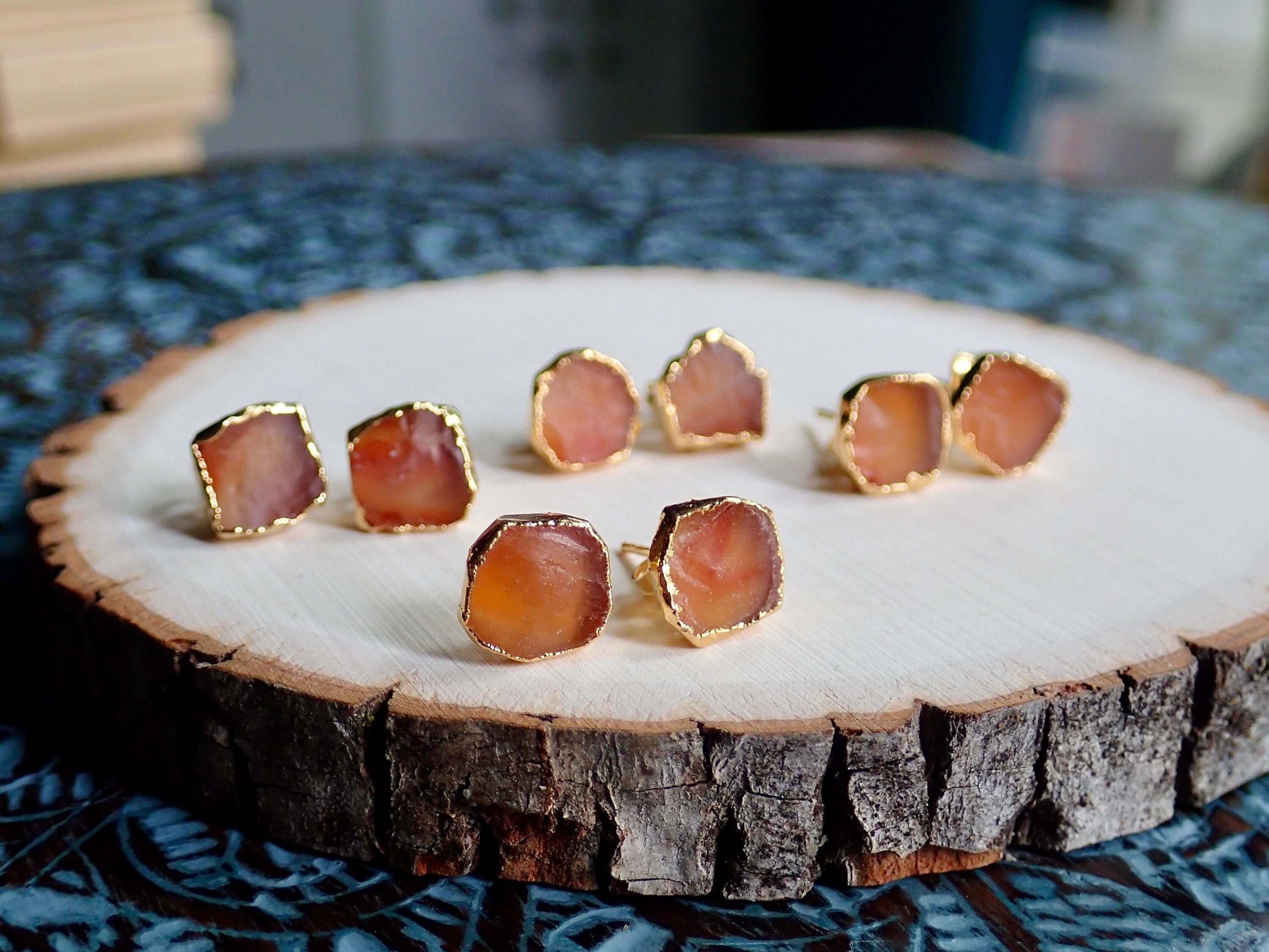Raw Carnelian Stud Earrings, Orange Gemstone Studs, Minimal Crystal Studs, July Birthstone Gift For Her, Genuine Carnelian Jewelry