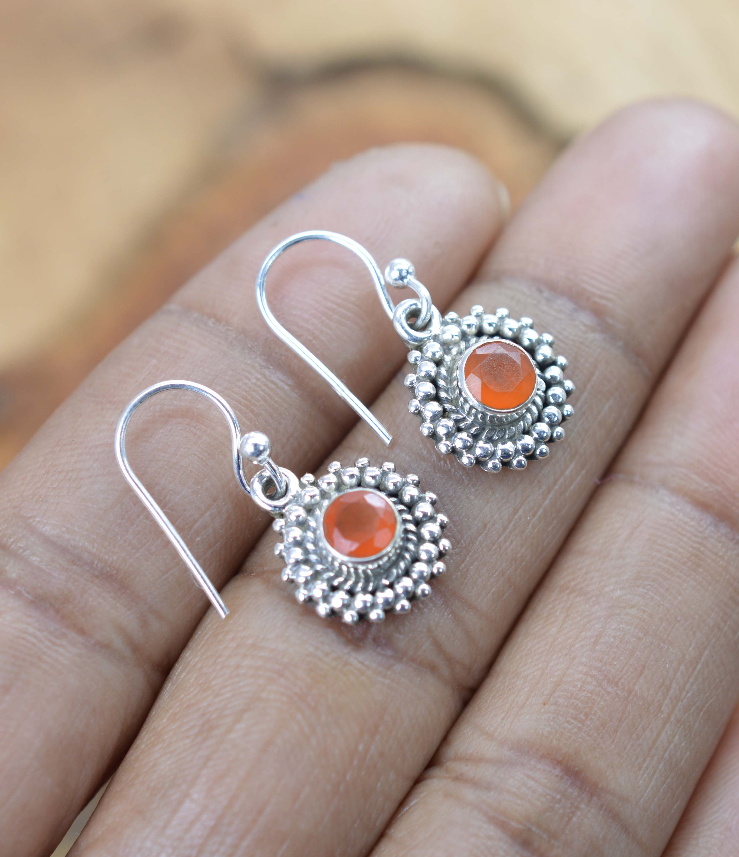 Red Carnelian 925 Sterling Silver Faceted Round 1 Pair Hook Earring