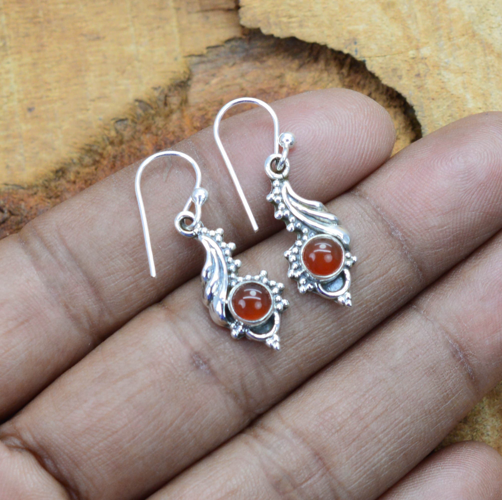 Red Carnelian Sterling Silver Hook Earrings: Handmade Designer Jewelry