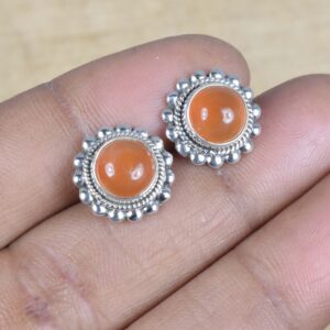 Red Carnelian Sterling Silver Stud Earrings: Flower Design, August Birthstone
