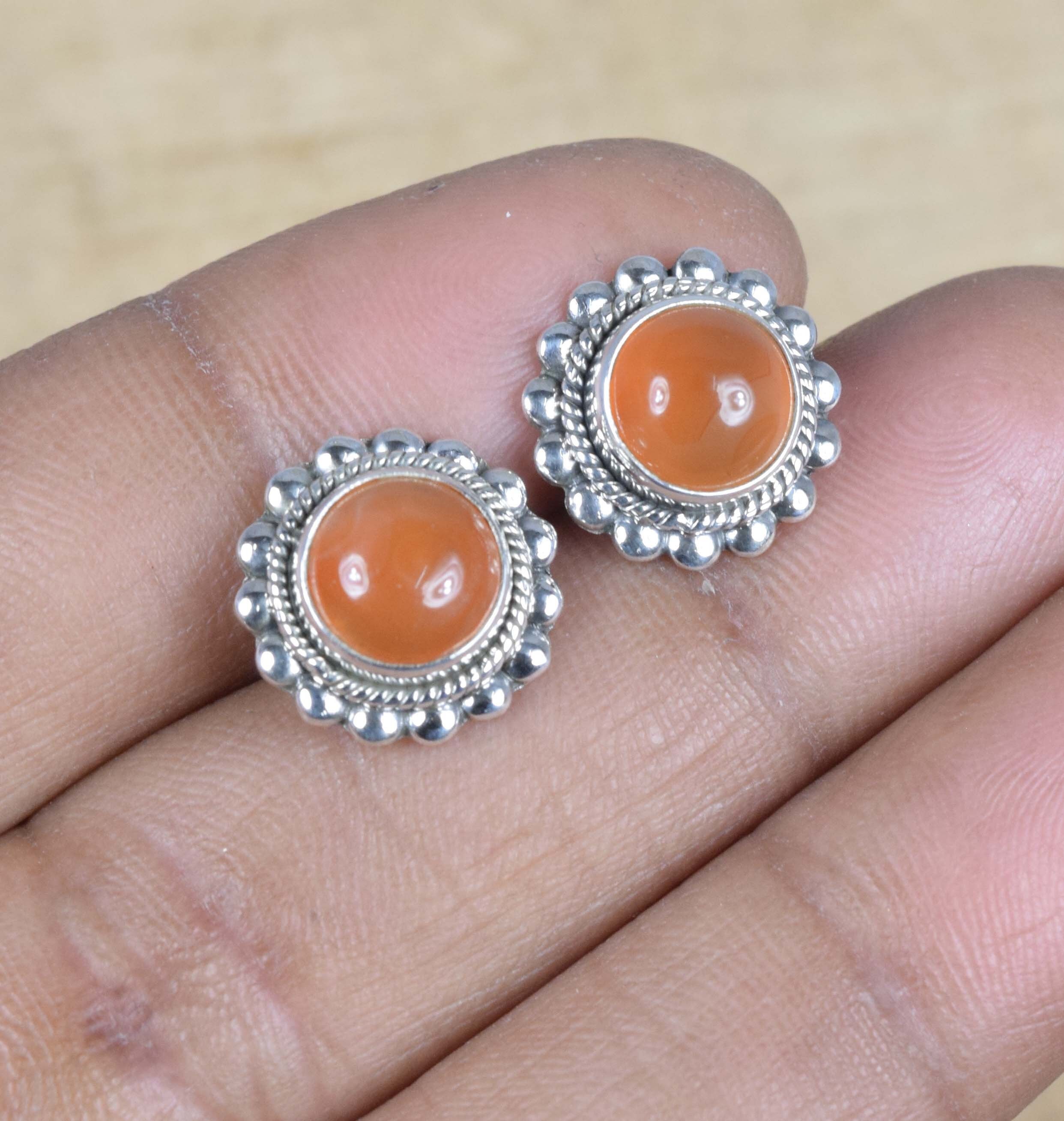 Red Carnelian Sterling Silver Stud Earrings: Flower Design, August Birthstone