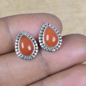 Red Carnelian Teardrop Stud Earrings: 925 Sterling Silver, August Birthstone