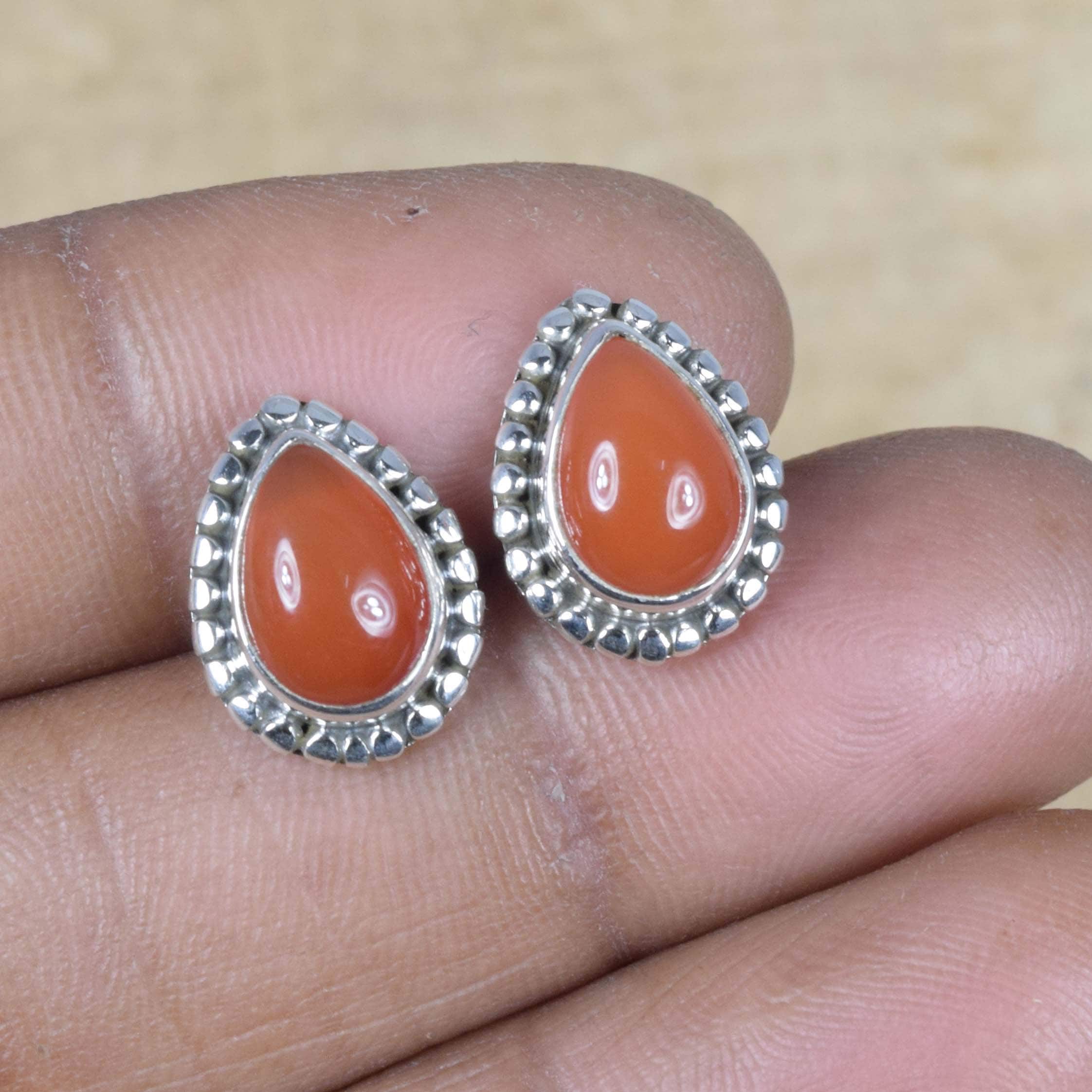 Red Carnelian Teardrop Stud Earrings: 925 Sterling Silver, August Birthstone