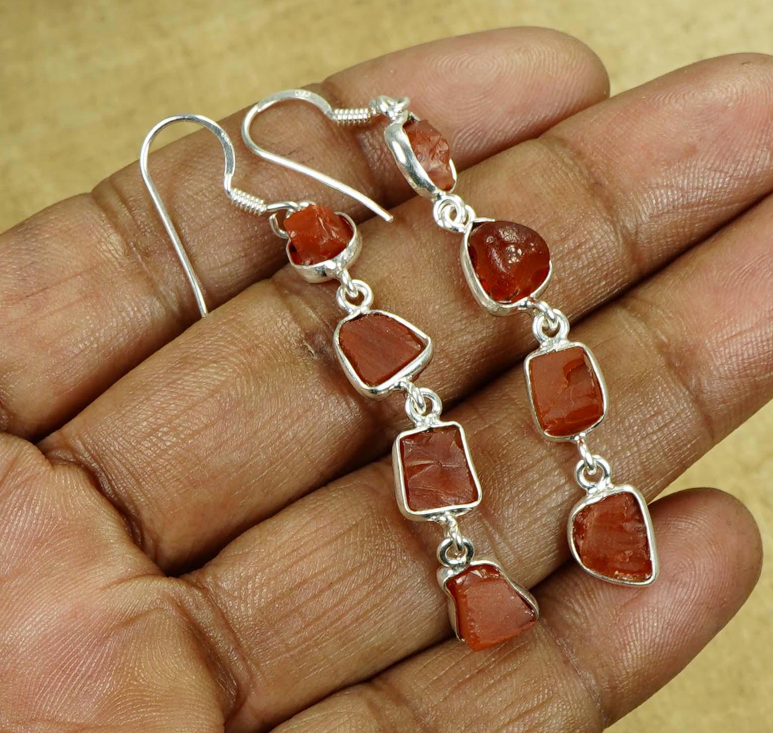 Rough Red Carnelian Sterling Silver Hook Earrings: August Birthstone Rough Red Carnelian Sterling Silver Hook Earrings: August Birthstone