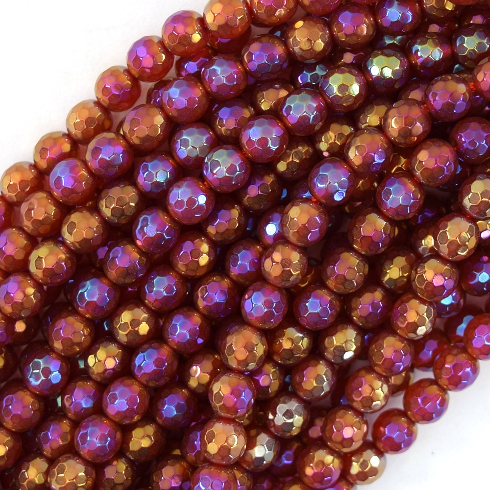 Mystic Titanium Faceted Red Carnelian Round Beads 15" Strand 6mm 8mm 10mm