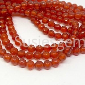 Natural Red carnelian faceted round beads 6mm.  Genuine gemstone beads. Full strand 15''.