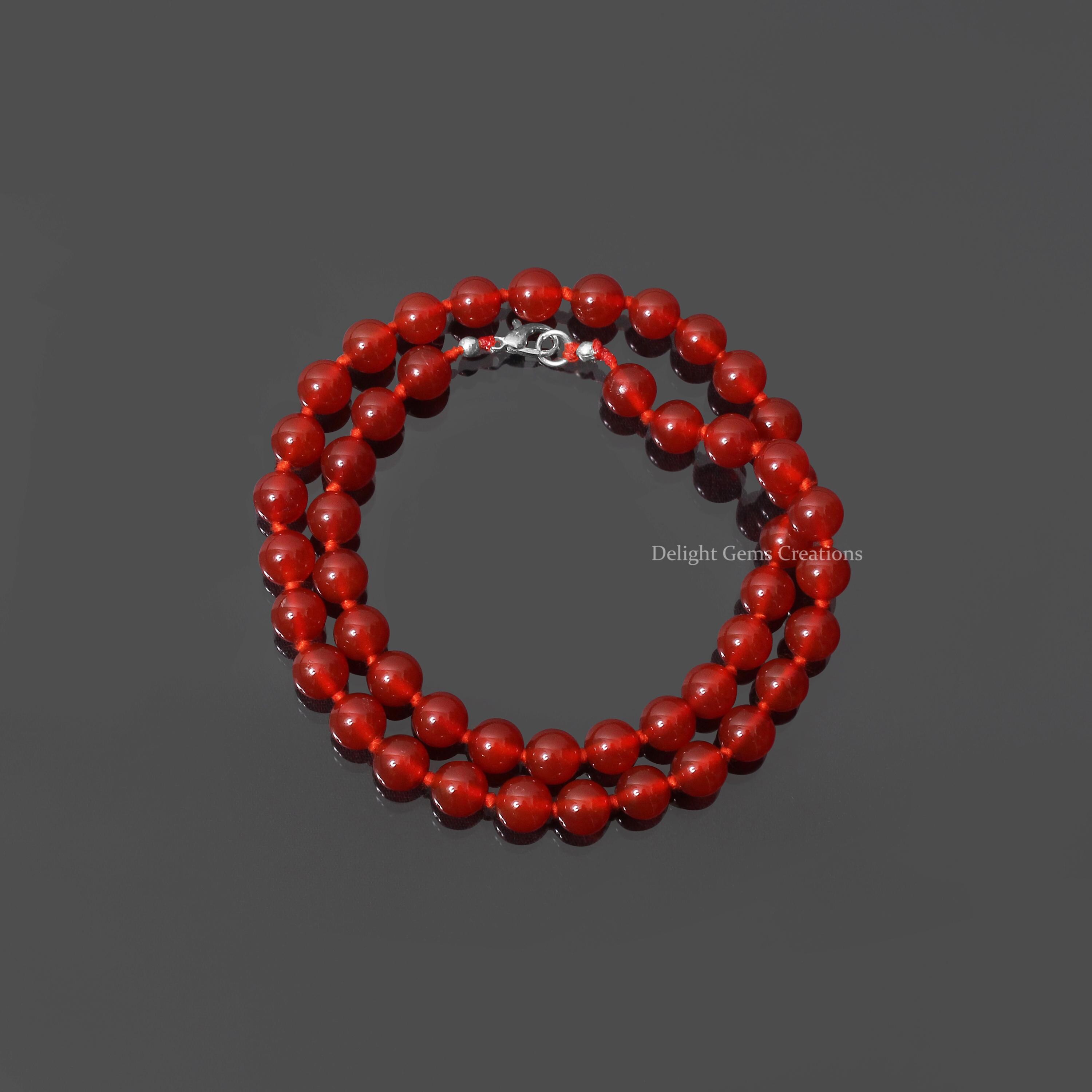 Carnelian Beaded Necklace, 8mm Smooth Round Beads, Handknotted Gemstone Jewelry, Sterling Silver Clasp