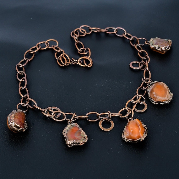 Electroformed Copper Carnelian Necklace, Adjustable Gemstone Chain Electroformed Copper Carnelian Necklace, Adjustable Gemstone Chain