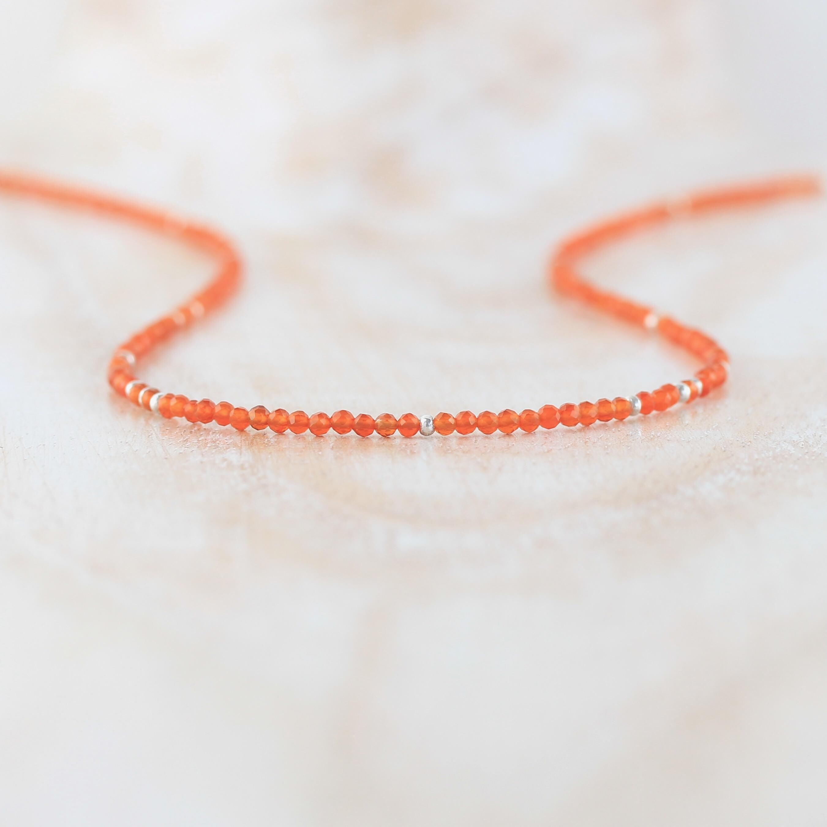 Carnelian Necklace In Sterling Silver, Gold Or Rose Gold Filled, Dainty Orange Gemstone Choker, Long Necklace, Tiny 2mm Faceted Beads